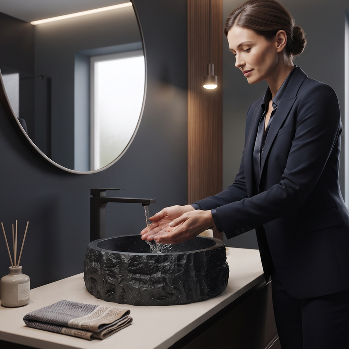 Black artificial stone table top wash basin with matte finish, round shape and raw rock-textured exterior, 400 × 400 × 140 mm.
