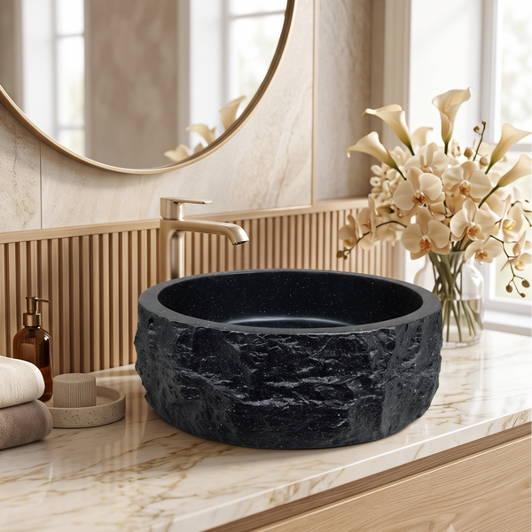 Black Artificial Stone Table Top Wash Basin – 15.7 × 15.7 × 5.5 Inch | Matte Rock Texture Countertop Basin