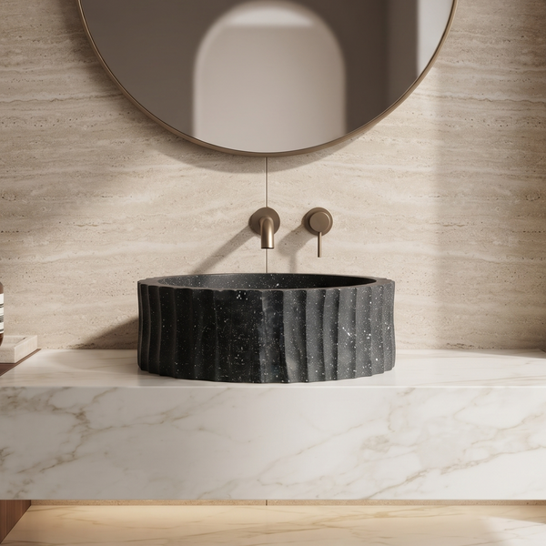 Black Artificial Stone Table Top Wash Basin – 15.4 × 15.4 × 5.9 Inch | Matte Fluted Countertop Basin