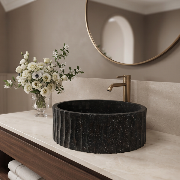 Black Artificial Stone Table Top Wash Basin – 15.4 × 15.4 × 5.9 Inch | Matte Fluted Countertop Basin
