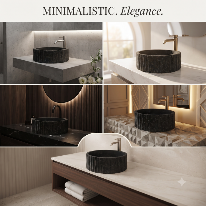 Black artificial stone table top wash basin with matte speckled finish, round shape and vertical fluted exterior, 390 × 390 × 150 mm.