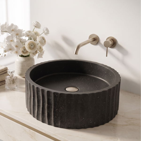 Black Artificial Stone Table Top Wash Basin – 15.4 × 15.4 × 5.9 Inch | Matte Fluted Countertop Basin