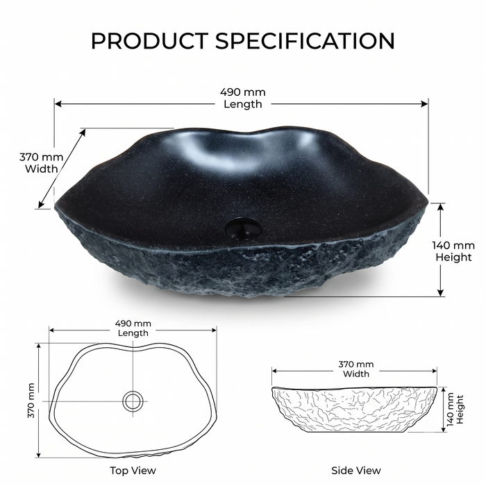 Black artificial stone table top wash basin with organic free-form shape, rough rock-textured exterior and 490 × 370 × 140 mm size.