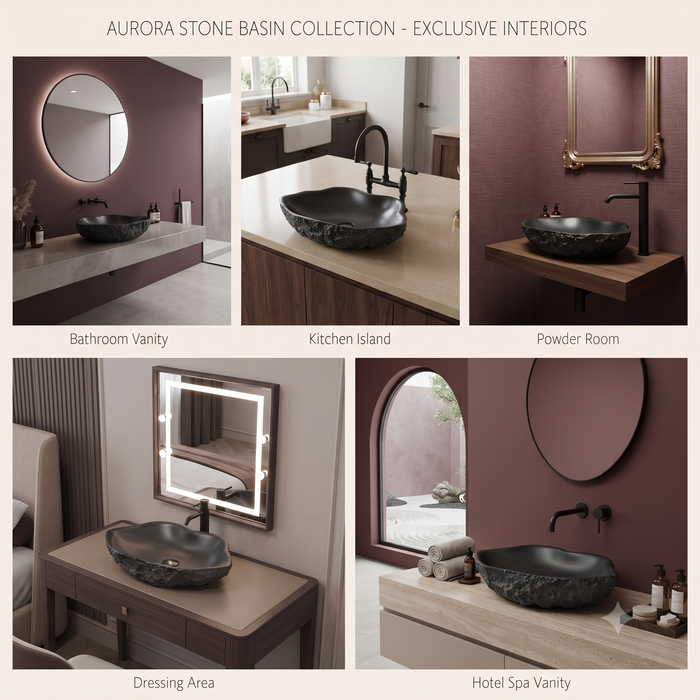 Black artificial stone table top wash basin with organic free-form shape, rough rock-textured exterior and 490 × 370 × 140 mm size.