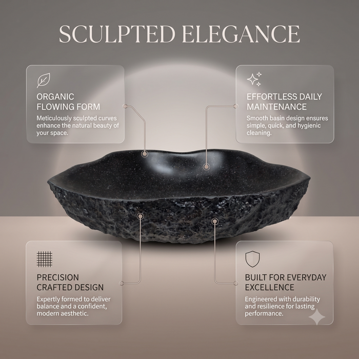 Black artificial stone table top wash basin with organic free-form shape, rough rock-textured exterior and 490 × 370 × 140 mm size.