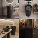 Black ceramic pedestal wash basin with rose-gold marble-effect veining, modern cylindrical freestanding design and 400 × 400 × 850 mm size for luxury bathrooms.