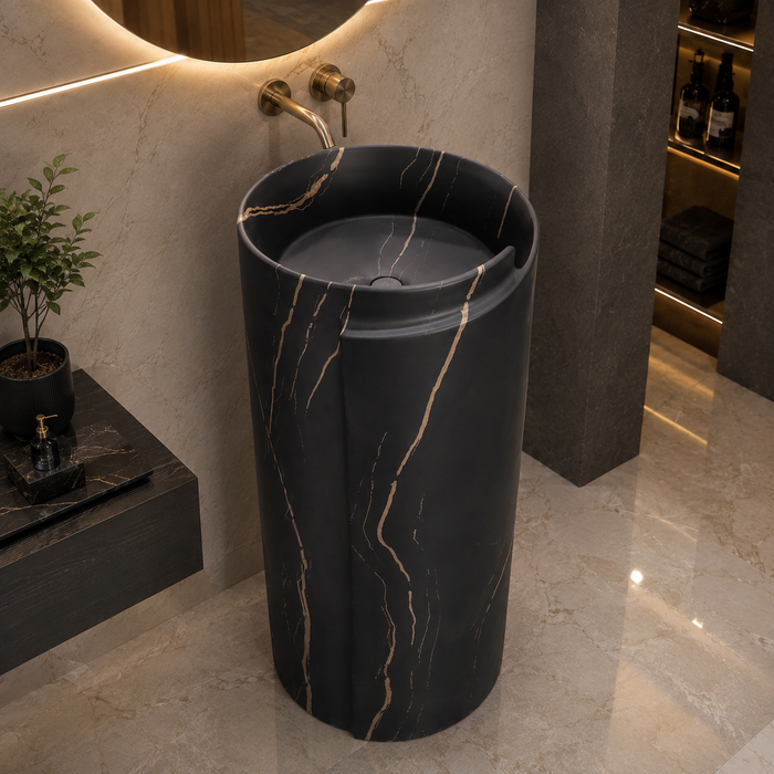 Black ceramic pedestal wash basin with rose-gold marble-effect veining, modern cylindrical freestanding design and 400 × 400 × 850 mm size for luxury bathrooms.