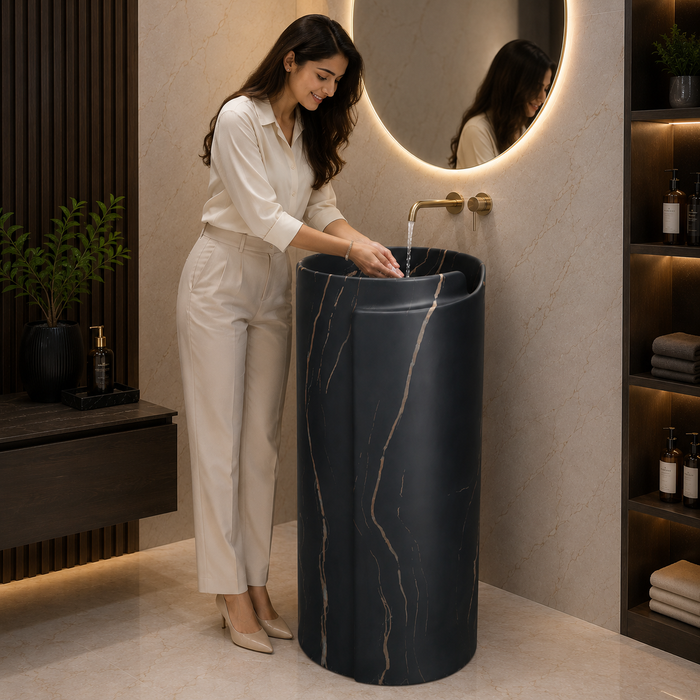 Black ceramic pedestal wash basin with rose-gold marble-effect veining, modern cylindrical freestanding design and 400 × 400 × 850 mm size for luxury bathrooms.