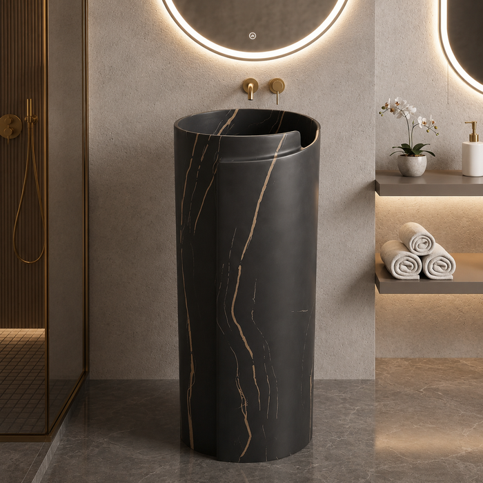 Black ceramic pedestal wash basin with rose-gold marble-effect veining, modern cylindrical freestanding design and 400 × 400 × 850 mm size for luxury bathrooms.