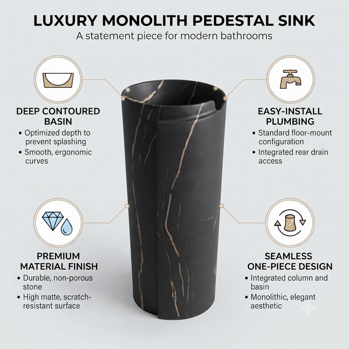 Black ceramic pedestal wash basin with rose-gold marble-effect veining, modern cylindrical freestanding design and 400 × 400 × 850 mm size for luxury bathrooms.