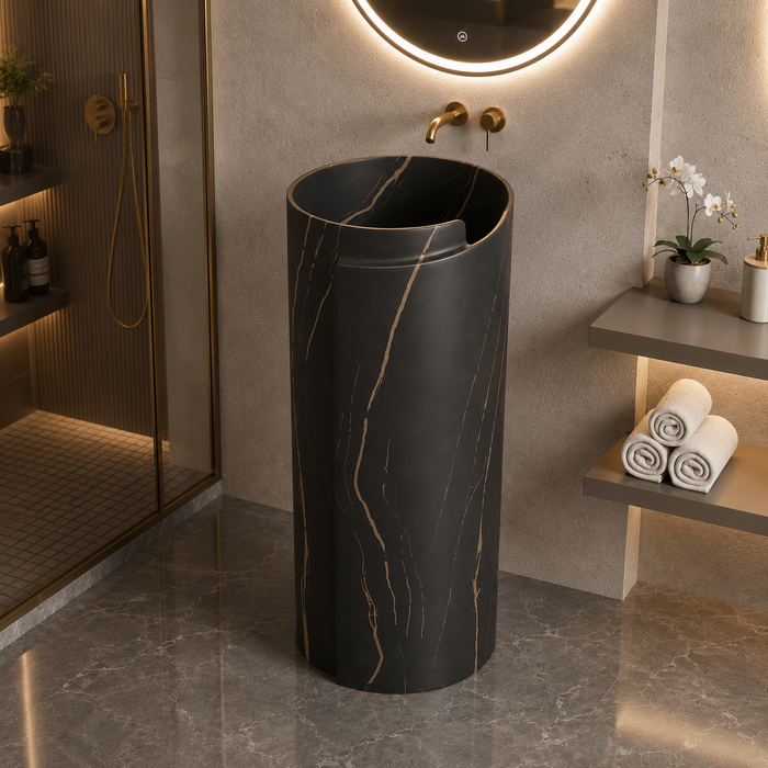Black ceramic pedestal wash basin with rose-gold marble-effect veining, modern cylindrical freestanding design and 400 × 400 × 850 mm size for luxury bathrooms.