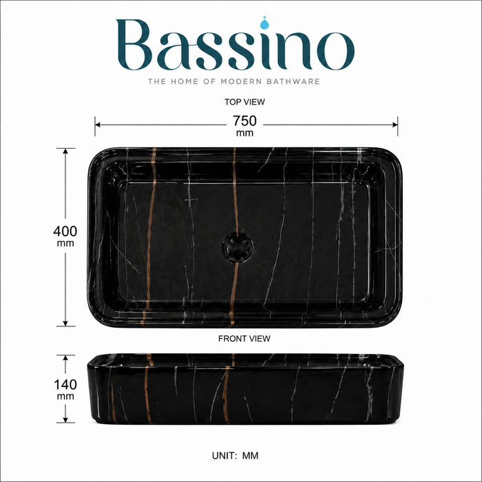 Black marble-look ceramic table top wash basin with gold and grey veins, glossy rectangular countertop basin measuring 750 × 400 × 140 mm for modern bathrooms.