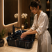 Black marble-look ceramic table top wash basin with gold and grey veins, glossy rectangular countertop basin measuring 750 × 400 × 140 mm for modern bathrooms.
