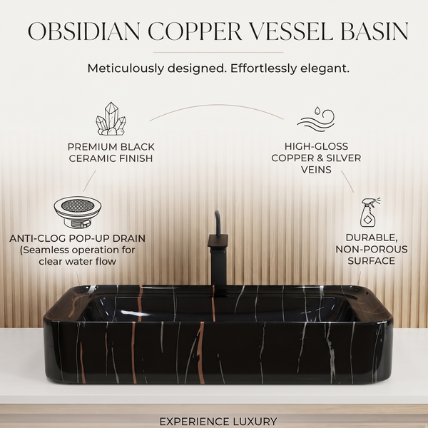 Black Marble Ceramic Table Top Wash Basin – 29.5 × 15.7 × 5.5 Inch | Glossy Designer Countertop Basin