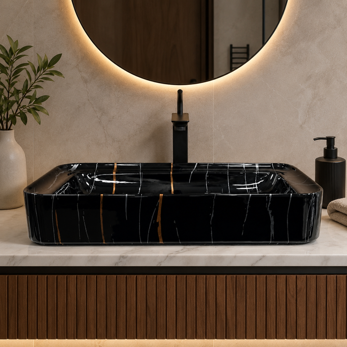 Black marble-look ceramic table top wash basin with gold and grey veins, glossy rectangular countertop basin measuring 750 × 400 × 140 mm for modern bathrooms.