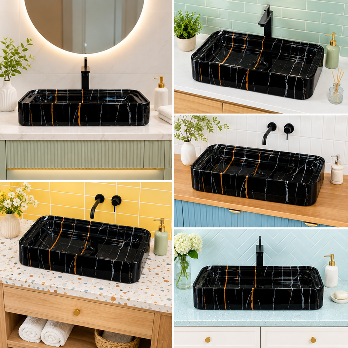 Black marble-look ceramic table top wash basin with gold and grey veins, glossy rectangular countertop basin measuring 750 × 400 × 140 mm for modern bathrooms.