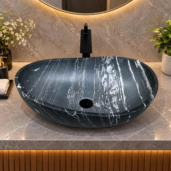 Artificial Stone Table Top Wash Basin 24×15×8 Inch – Black Marble Finish with White Veining, Matte Oval Countertop Basin for Luxury Bathrooms