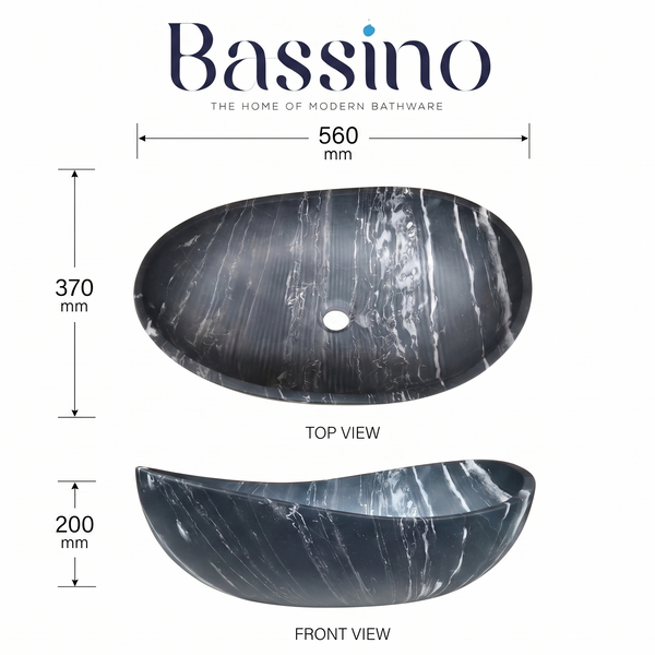 Artificial Stone Table Top Wash Basin 24×15×8 Inch – Black Marble Finish with White Veining, Matte Oval Countertop Basin for Luxury Bathrooms