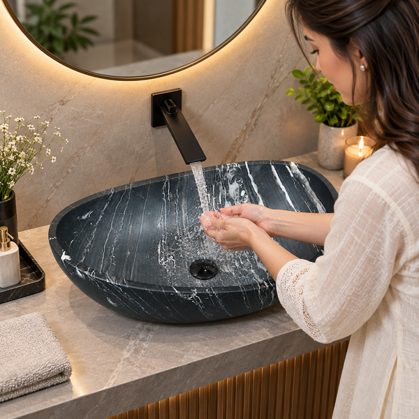 Artificial Stone Table Top Wash Basin 24×15×8 Inch – Black Marble Finish with White Veining, Matte Oval Countertop Basin for Luxury Bathrooms