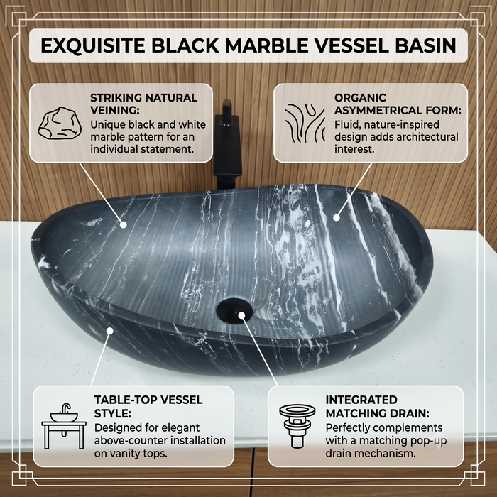 Black marble finish artificial stone table top wash basin with white veining, 600×380×200 mm, matte oval countertop sink for modern luxury bathrooms.