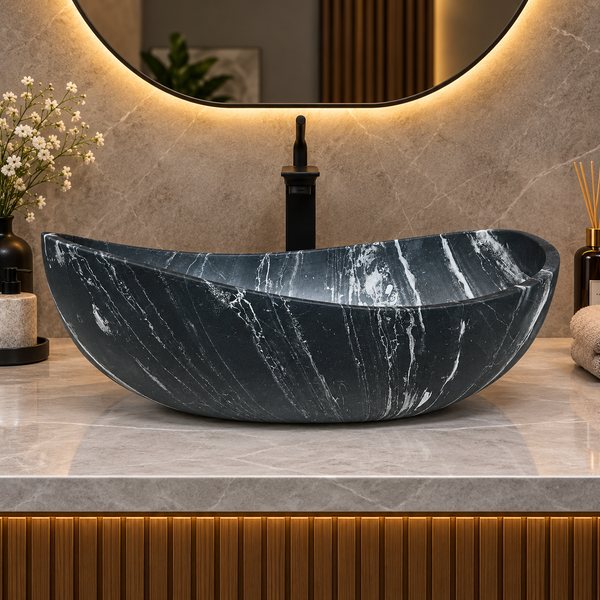 Artificial Stone Table Top Wash Basin 24×15×8 Inch – Black Marble Finish with White Veining, Matte Oval Countertop Basin for Luxury Bathrooms