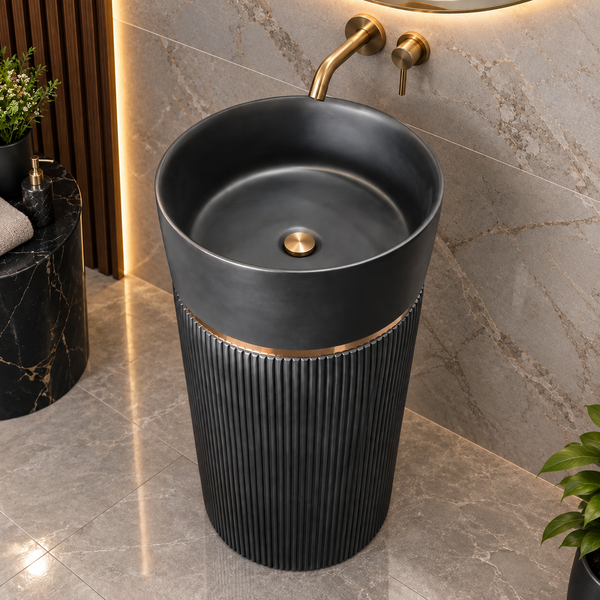 Black Artificial Stone Freestanding Pedestal Wash Basin 16×16×34 Inch – Matte Finish with Fluted Design & Gold Accent for Luxury Bathrooms