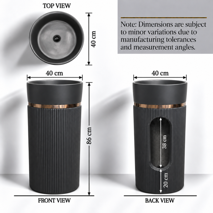 Black matte artificial stone freestanding pedestal wash basin with fluted cylindrical design and gold accent, 400×400×860 mm luxury bathroom sink.