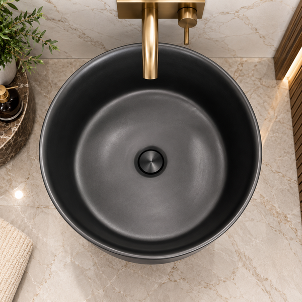 Black Artificial Stone Freestanding Pedestal Wash Basin 16×16×34 Inch – Matte Finish with Fluted Design & Gold Accent for Luxury Bathrooms