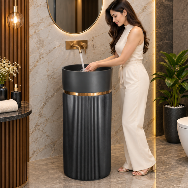 Black Artificial Stone Freestanding Pedestal Wash Basin 16×16×34 Inch – Matte Finish with Fluted Design & Gold Accent for Luxury Bathrooms