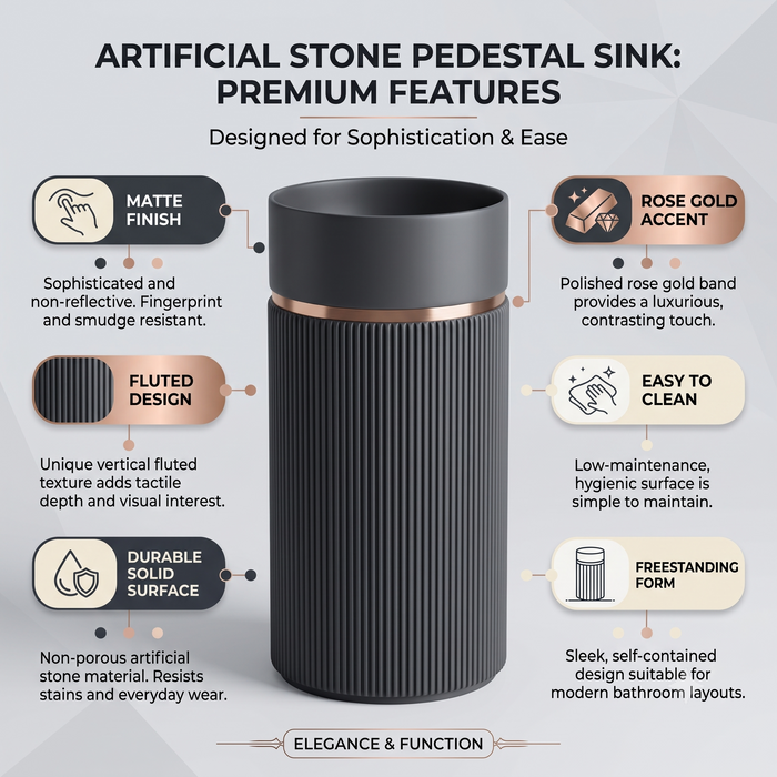 Black matte artificial stone freestanding pedestal wash basin with fluted cylindrical design and gold accent, 400×400×860 mm luxury bathroom sink.