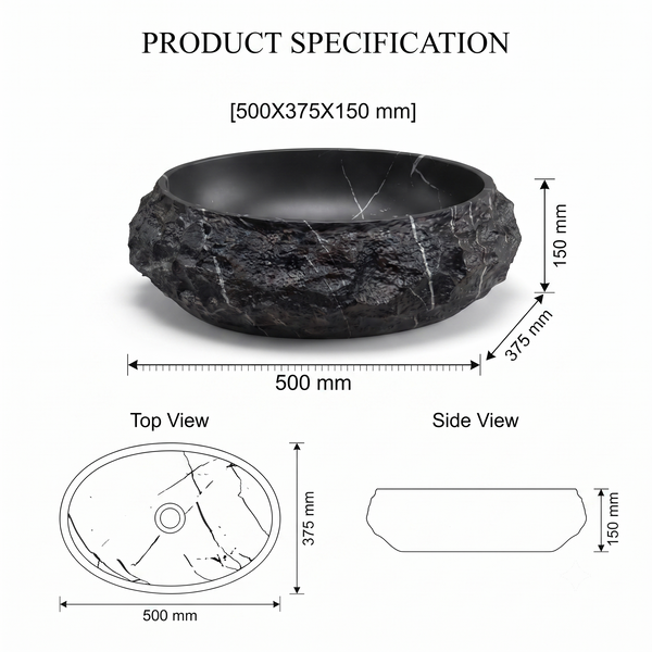Black Stone Texture Oval Ceramic Table Top Wash Basin – 500×375×150 mm