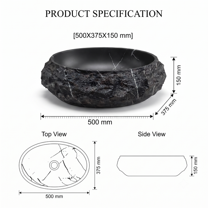 Black stone texture oval ceramic table top wash basin 500x375x150 mm with white marble veining and rough rock exterior for luxury bathrooms.