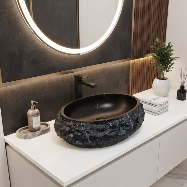 Black Stone Texture Oval Ceramic Table Top Wash Basin – 500×375×150 mm