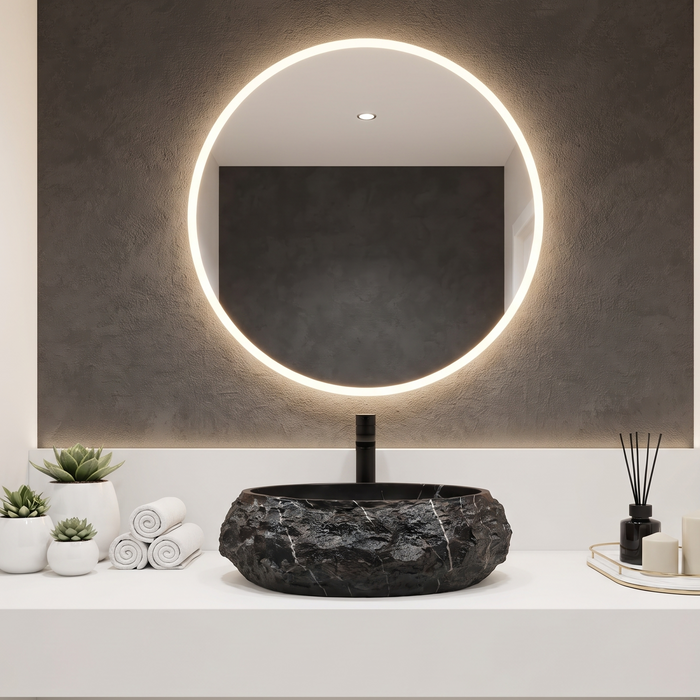 Black stone texture oval ceramic table top wash basin 500x375x150 mm with white marble veining and rough rock exterior for luxury bathrooms.