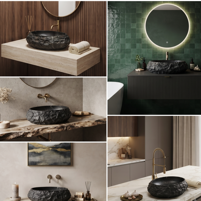 Black stone texture oval ceramic table top wash basin 500x375x150 mm with white marble veining and rough rock exterior for luxury bathrooms.