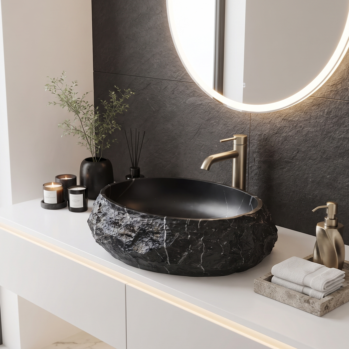 Black stone texture oval ceramic table top wash basin 500x375x150 mm with white marble veining and rough rock exterior for luxury bathrooms.