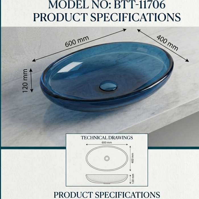 Blue Oval Transparent Resin Wash Basin Size