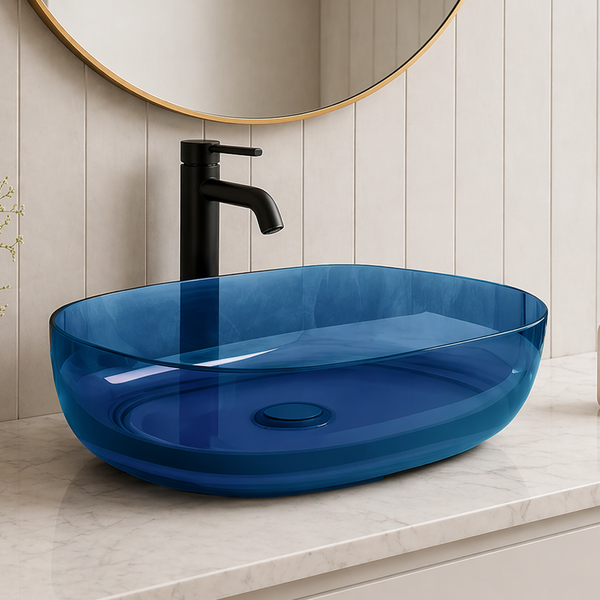 Bassino Modern Transparent Resin Wash Basin | Stylish Countertop Wash Basin for Bathroom–550x400x150 mm ROYAL BLUE