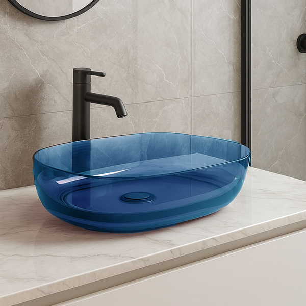 Bassino Modern Transparent Resin Wash Basin | Stylish Countertop Wash Basin for Bathroom–550x400x150 mm ROYAL BLUE