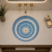 Blue and white designer ceramic under counter wash basin with glossy finish, 405 × 405 × 180 mm round undermount bathroom basin with decorative pattern.