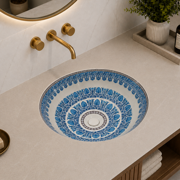 Blue and white designer ceramic under counter wash basin with glossy finish, 405 × 405 × 180 mm round undermount bathroom basin with decorative pattern.