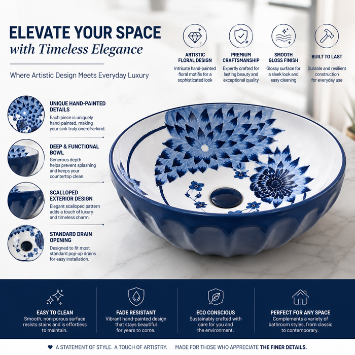 Blue and white floral round ceramic table top wash basin 375x375x125 mm with matte finish and sculpted fluted exterior design.