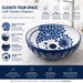 Blue and white floral round ceramic table top wash basin 375x375x125 mm with matte finish and sculpted fluted exterior design.