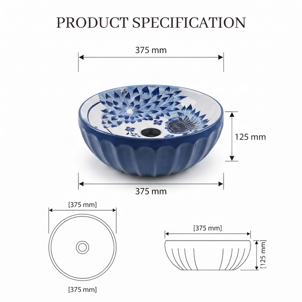 Blue Floral Round Ceramic Table Top Wash Basin with Fluted Design – 375×375×125 mm