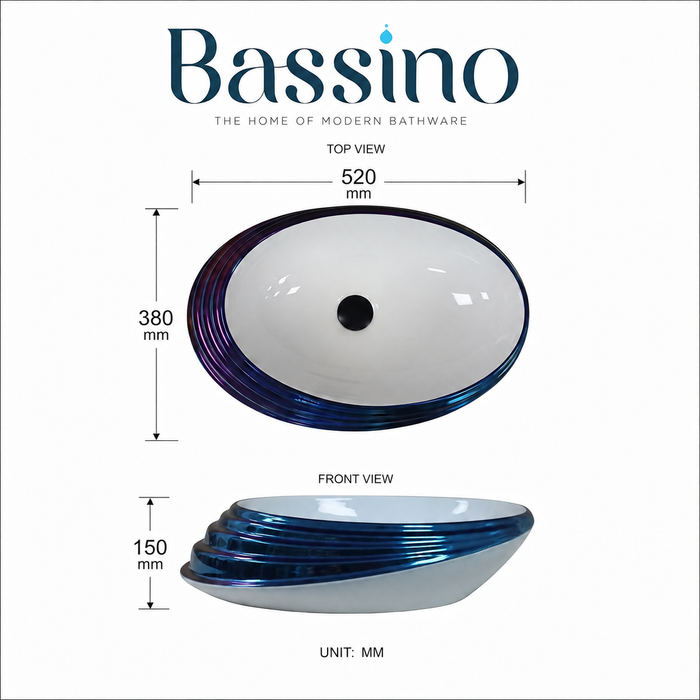 Blue and white glossy ceramic table top wash basin with oval layered design, 520 × 380 × 150 mm designer countertop basin for modern luxury bathrooms.