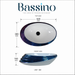 Blue and white glossy ceramic table top wash basin with oval layered design, 520 × 380 × 150 mm designer countertop basin for modern luxury bathrooms.