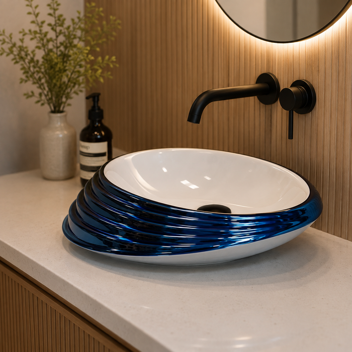 Blue and white glossy ceramic table top wash basin with oval layered design, 520 × 380 × 150 mm designer countertop basin for modern luxury bathrooms.