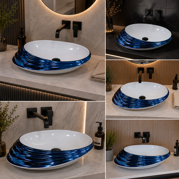 Blue and white glossy ceramic table top wash basin with oval layered design, 520 × 380 × 150 mm designer countertop basin for modern luxury bathrooms.