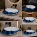 Blue and white glossy ceramic table top wash basin with oval layered design, 520 × 380 × 150 mm designer countertop basin for modern luxury bathrooms.