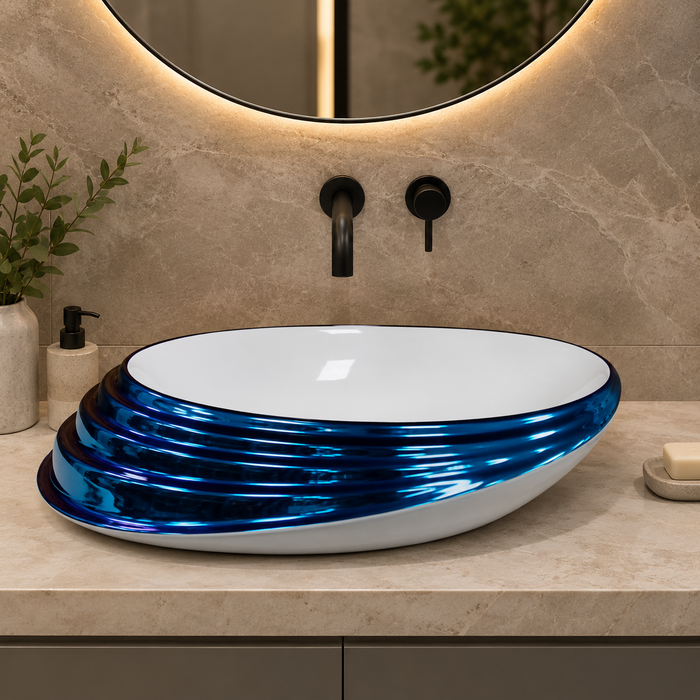 Blue and white glossy ceramic table top wash basin with oval layered design, 520 × 380 × 150 mm designer countertop basin for modern luxury bathrooms.